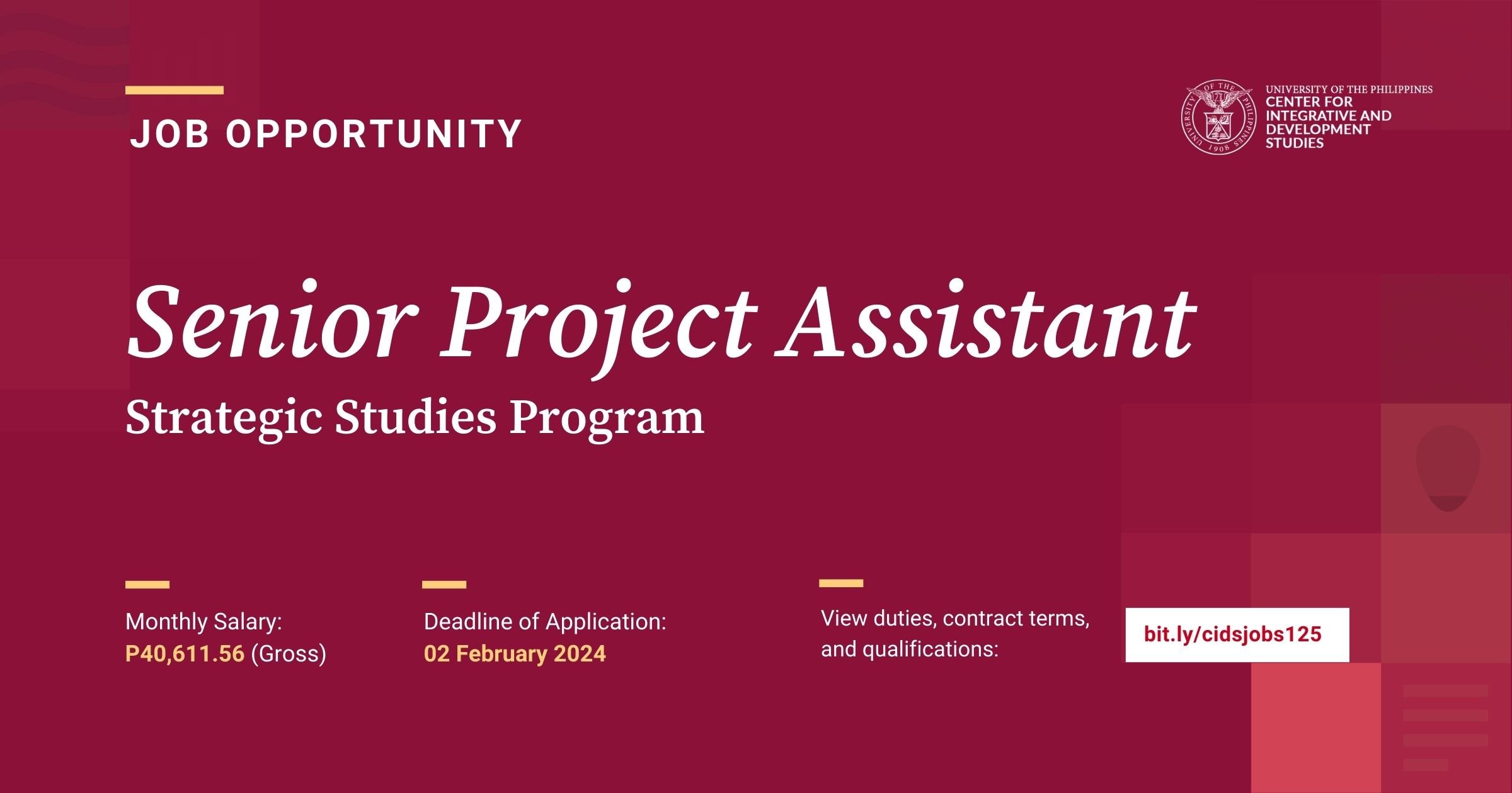 Job Opportunity UP CIDS Senior Project Assistant   Senior Project Assistant SL01 